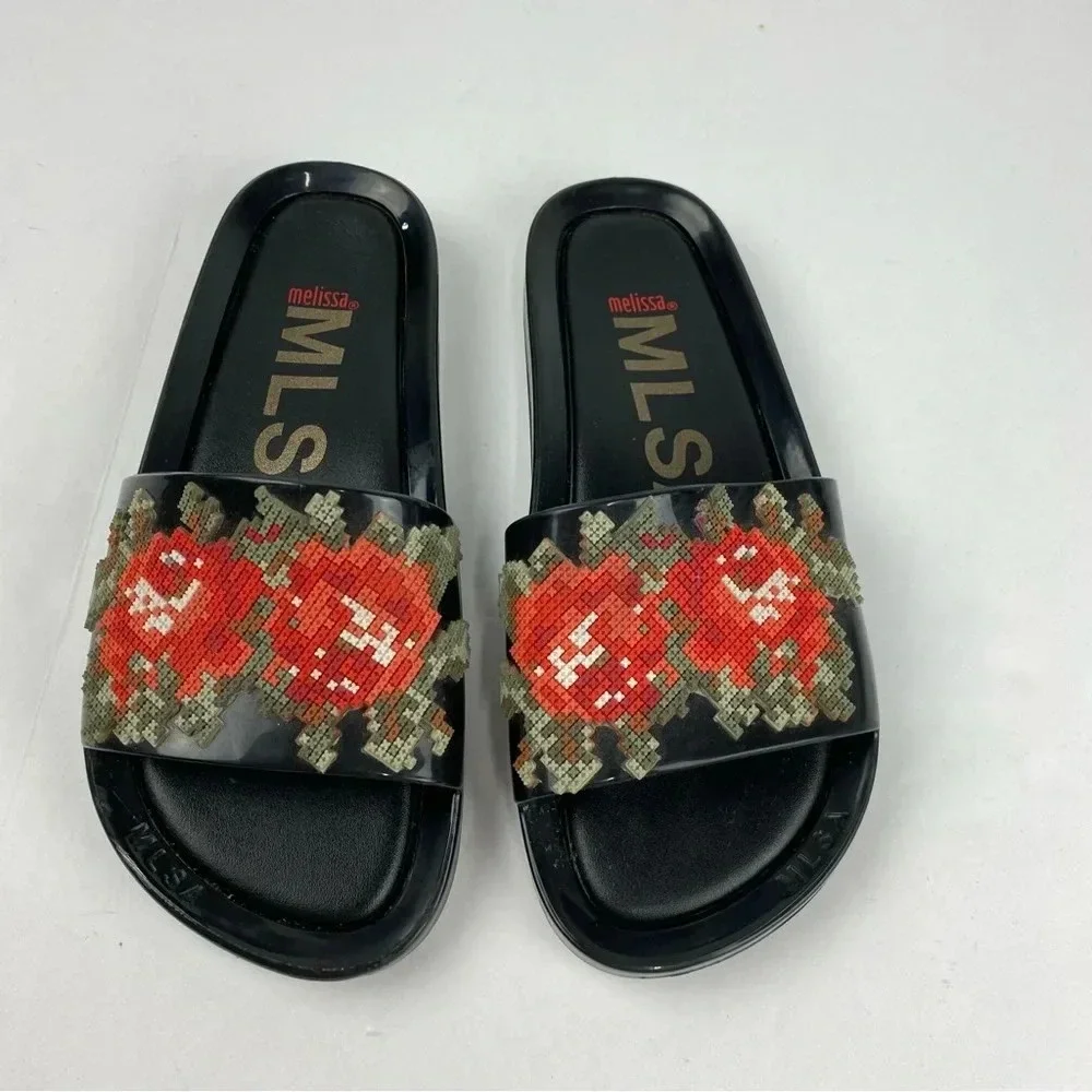Melissa Pixel Floral Beach Slide Black Patent Leather Sandals Woman’s 6